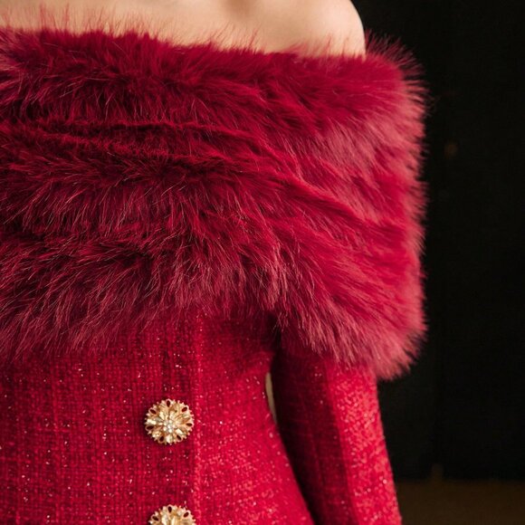 Red Elegant Women's Tweed Fluffy Panel Off Shoulder Jacket - Picture 8 of 9